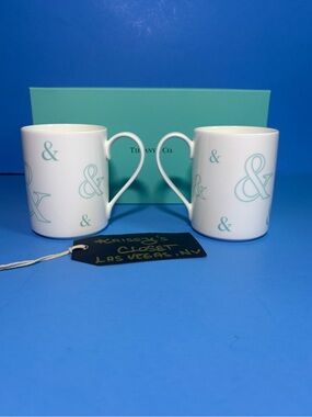 Tiffany & Co. White Mug Pair with Pale Blue Ampersand Motif New in Box